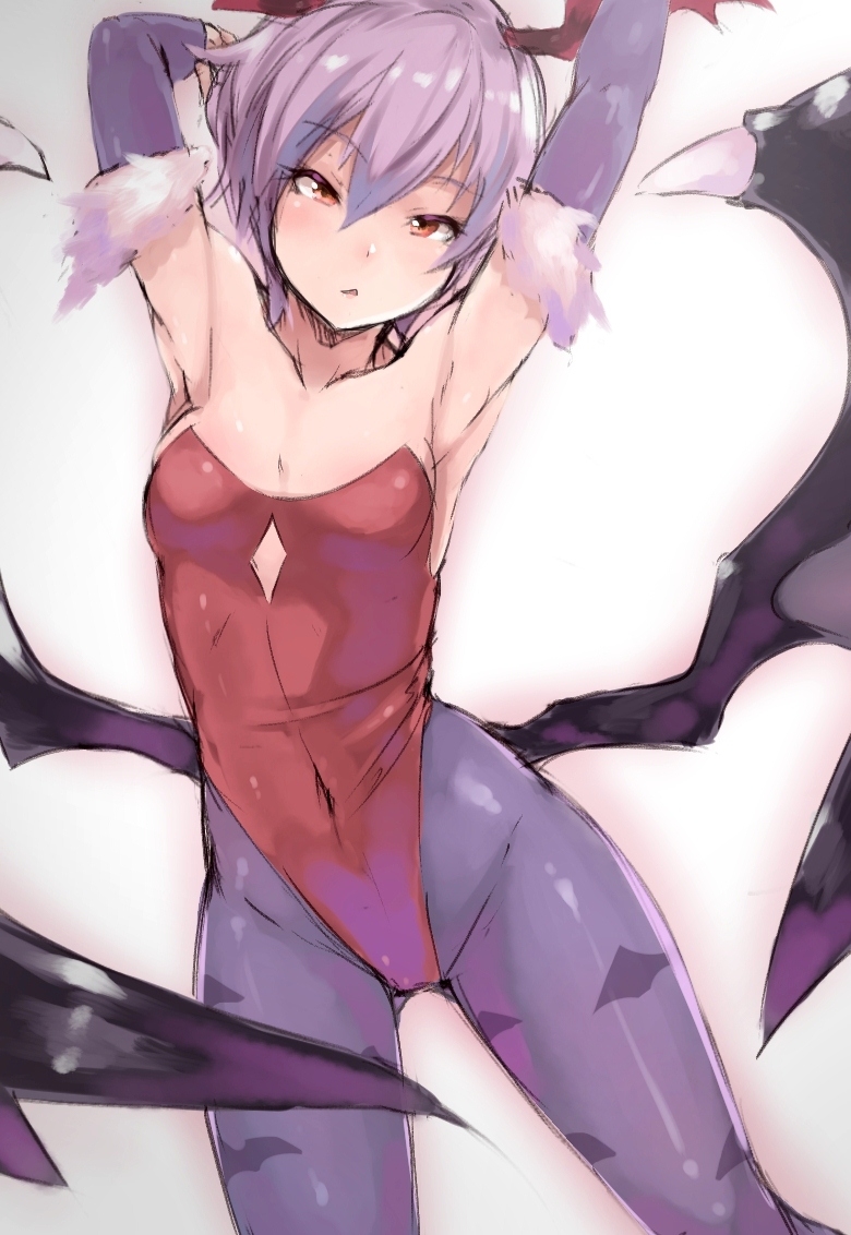 1girl armpits bat_wings blush demon_girl denizen_tomo head_wings leotard lilith_aensland looking_at_viewer orange_eyes pantyhose short_hair small_breasts succubus vampire_(game) wings