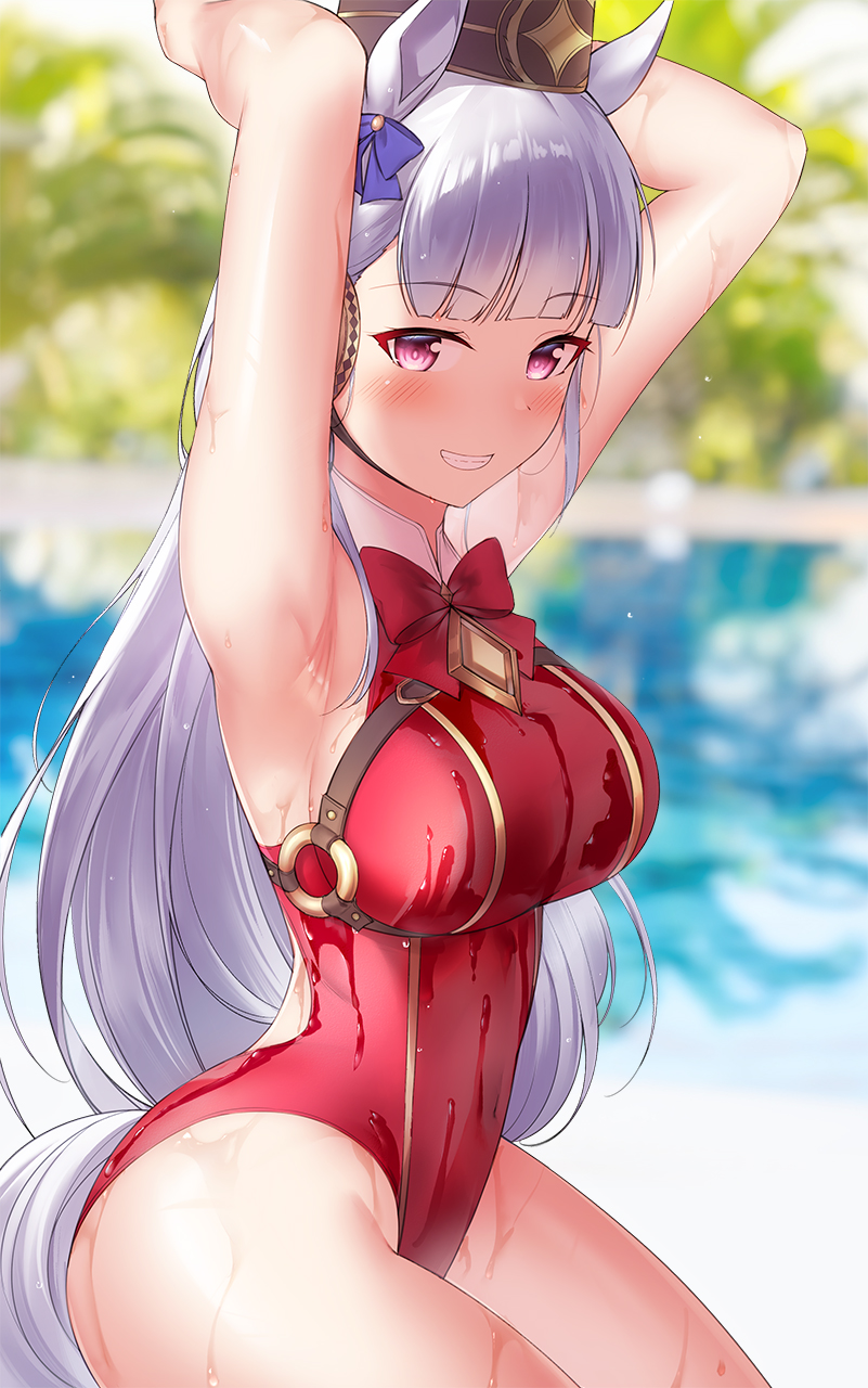 1girl animal_ears armpits arms_behind_head arms_up bangs blunt_bangs blush breasts ear_covers gold_ship_(umamusume) grey_hair grin highleg highleg_swimsuit highres horse_ears horse_girl long_hair looking_at_viewer one-piece_swimsuit pillbox_hat red_swimsuit shirosaba smile solo swimsuit thighs umamusume violet_eyes wet