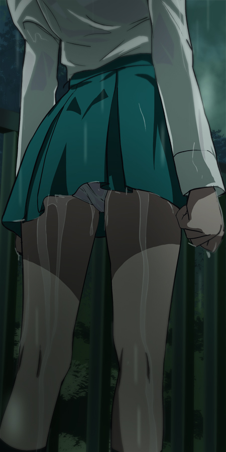 1girl clenched_hand from_behind gegege_no_kitarou green_skirt haruyama_kazunori head_out_of_frame inuyama_mana long_sleeves panties rain shirt skirt solo underwear wet wet_clothes wet_panties wet_shirt wet_skirt white_shirt