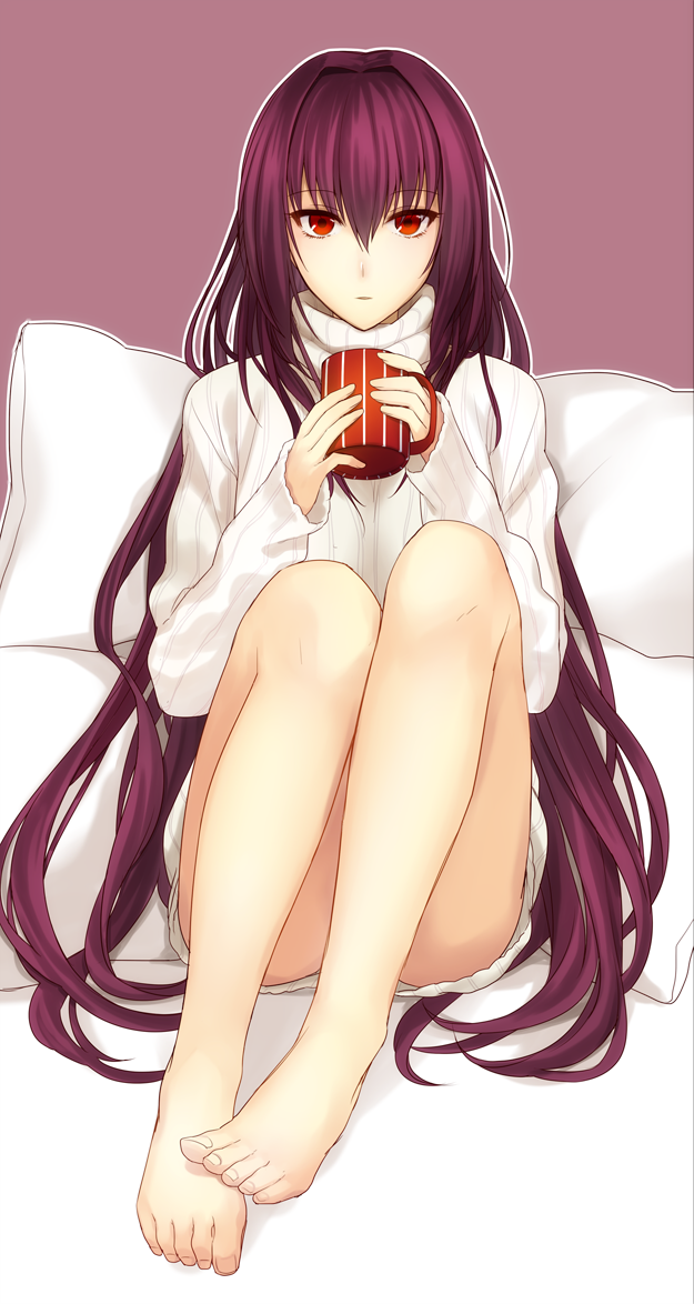 1girl artist_request bare_legs barefoot cup fate/grand_order fate_(series) long_hair millefoglie mug pillow purple_hair red_eyes ribbed_sweater scathach_(fate/grand_order) solo sweater