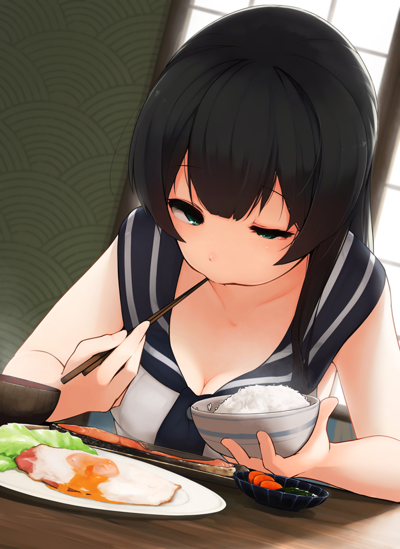 1girl agano_(kantai_collection) bangs black_hair breasts chopsticks cleavage collarbone dish dutch_angle eating egg_yolk eyebrows eyebrows_visible_through_hair eyelashes food fried_egg green_eyes holding holding_bowl indoors kantai_collection looking_down rice school_uniform serafuku sleeveless solo suginoji sunny_side_up_egg table upper_body vegetable window