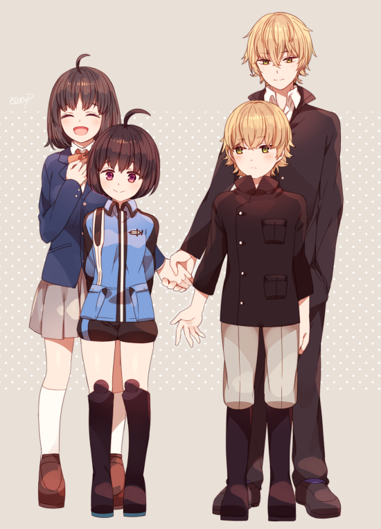 2boys 2girls ^_^ age_comparison ahoge aicedrop amatori_chika arm_at_side arms_behind_back bangs black_boots black_hair black_jacket black_legwear black_pants black_shoes black_shorts blazer blue_jacket blush boots bow bowtie brown_shoes buttons closed_eyes collared_shirt dual_persona ema_yuzuru eyebrows eyebrows_visible_through_hair full_body gakuran grey_background grey_pants grey_skirt hair_between_eyes hand_in_pocket happy head_tilt hetero high_collar holding_hands jacket kneehighs legs_apart long_sleeves looking_at_another looking_at_viewer miniskirt multiple_boys multiple_girls older open_mouth pants pleated_skirt pocket polka_dot polka_dot_background reaching red_bow red_bowtie school_uniform shirt shoes short_hair shorts signature skirt smile standing teenage time_paradox violet_eyes white_legwear white_shirt world_trigger yellow_eyes