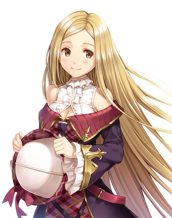 1girl bangs bare_shoulders blonde_hair breasts brown_eyes cleavage cleavage_cutout diola_(granblue_fantasy) frills granblue_fantasy hat hat_removed headwear_removed holding holding_hat kurage_(kurakurapix) long_hair looking_to_the_side parted_bangs smile solo very_long_hair