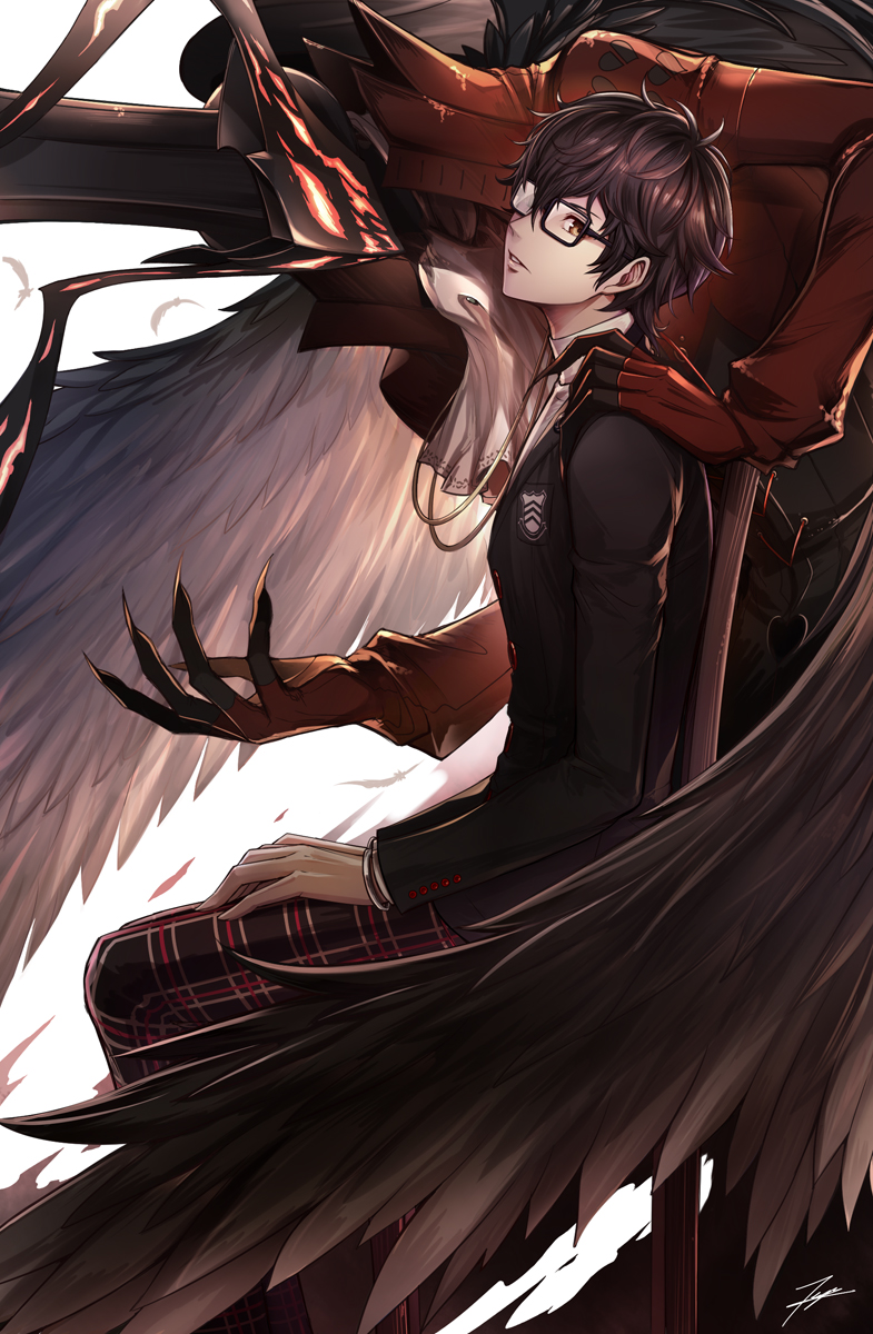 1boy arsene_(persona_5) badge black_hair black_hat black_jacket black_wings blazer brooch brown_eyes chair cravat feathered_wings feathers fingernails from_side glasses hand_on_another's_shoulder hands_on_thighs hat heart_print high_collar highres jacket jewelry kurusu_akira leaning_forward leaning_on_person long_fingernails long_sleeves looking_to_the_side mask one_eye_covered pants persona persona_5 plaid plaid_pants protagonist_(persona_5) school_uniform sharp_fingernails signature sitting sitting_on_chair tenyo0819 top_hat turtleneck white_background white_wings wings