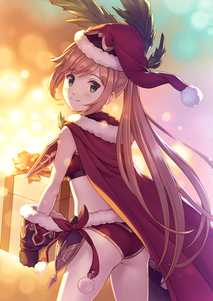 1girl ass brown_hair cape christmas clarisse_(granblue_fantasy) from_behind fur-trimmed_cape fur-trimmed_gloves fur_trim gift gloves granblue_fantasy green_eyes hat kurage_(kurakurapix) leaf long_hair looking_back pom_pom_(clothes) ponytail santa_hat smile solo very_long_hair