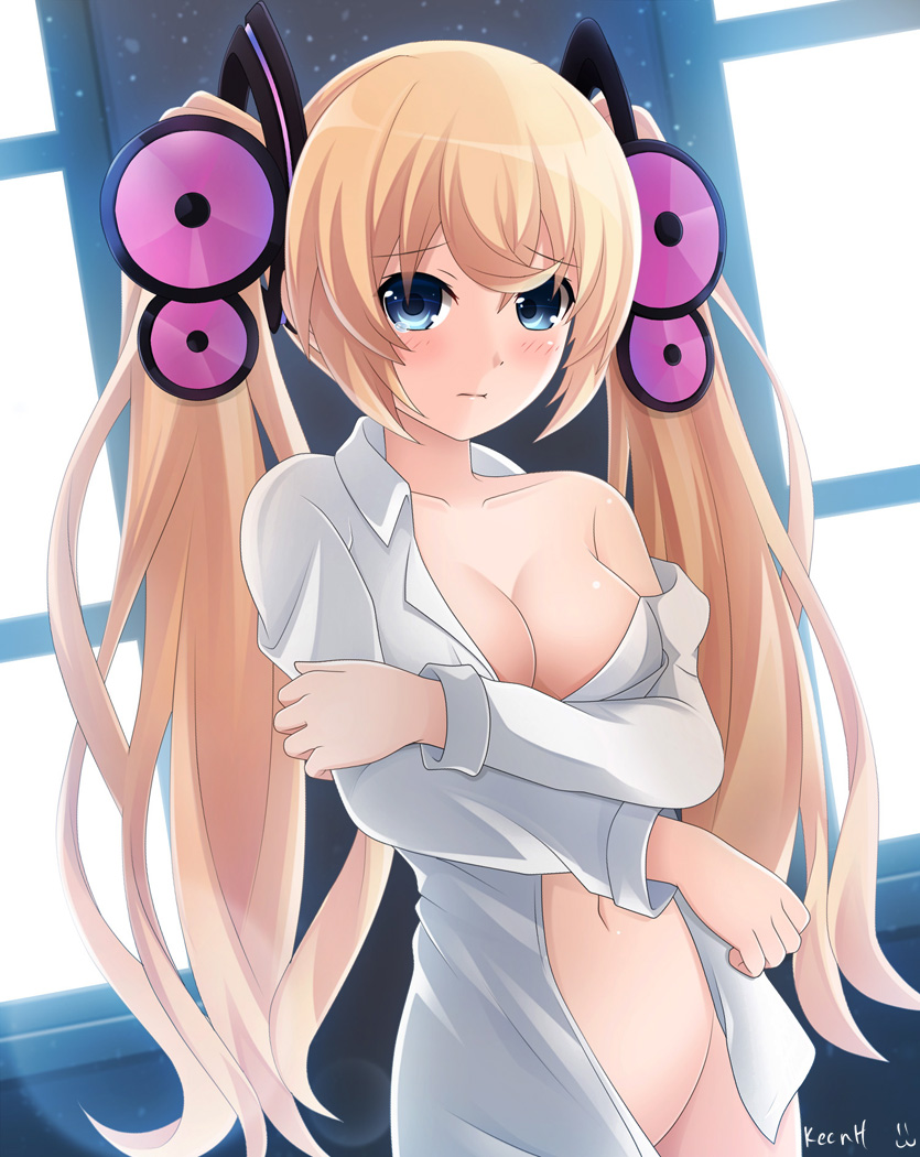 1girl bangs barefoot blonde_hair blush bottomless breasts choujigen_game_neptune cleavage closed_mouth collarbone cowboy_shot dress_shirt eyebrows eyebrows_visible_through_hair hair_between_eyes hair_ornament holding_arm keenh lens_flare light_particles long_hair long_sleeves looking_at_viewer naked_shirt navel neptune_(series) no_bra off_shoulder open_clothes open_shirt shade shirt signature solo tsunemi_(choujigen_game_neptune) twintails white_shirt window