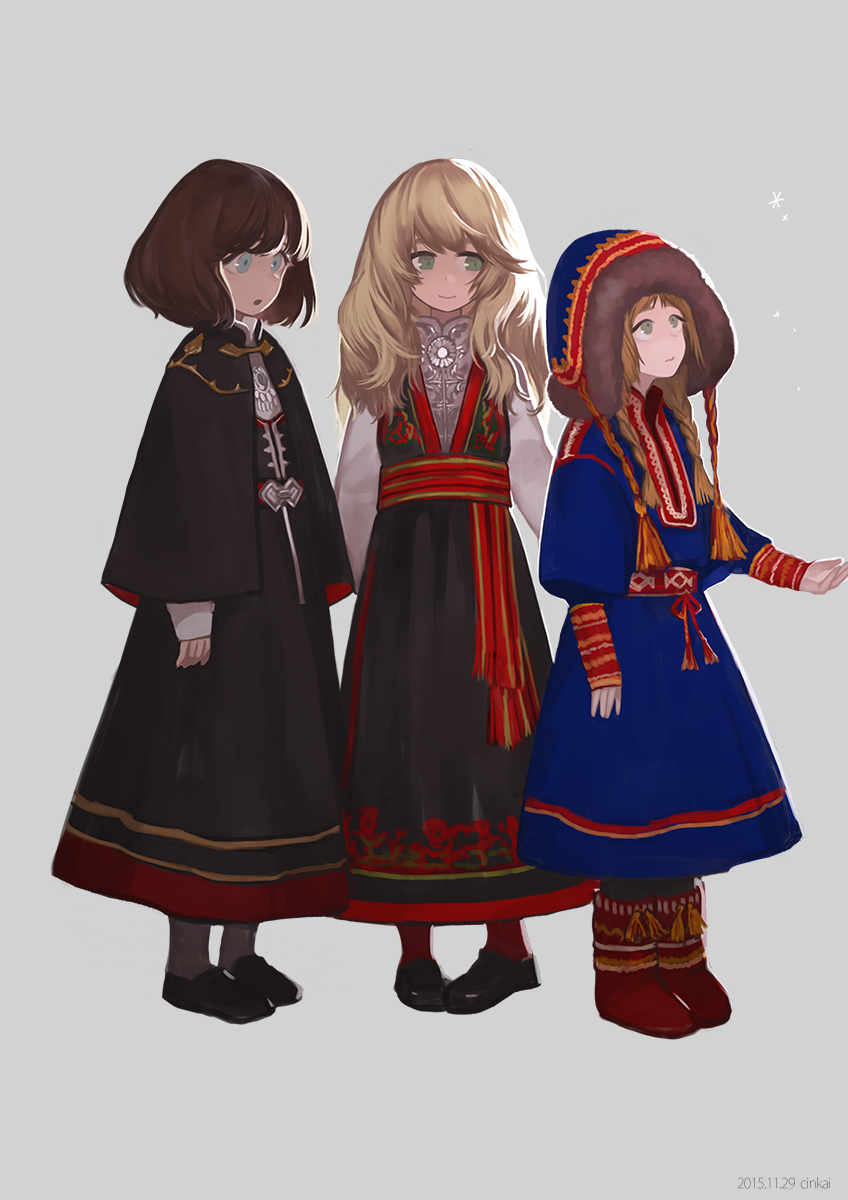 3girls blonde_hair blue_eyes blue_hat boots brown_hair dress european_clothes folklore girls green_eyes grey_eyes hat highres multiple_girls norway ornament shoes simple_background snow snowflakes snowing suzki00 tagme