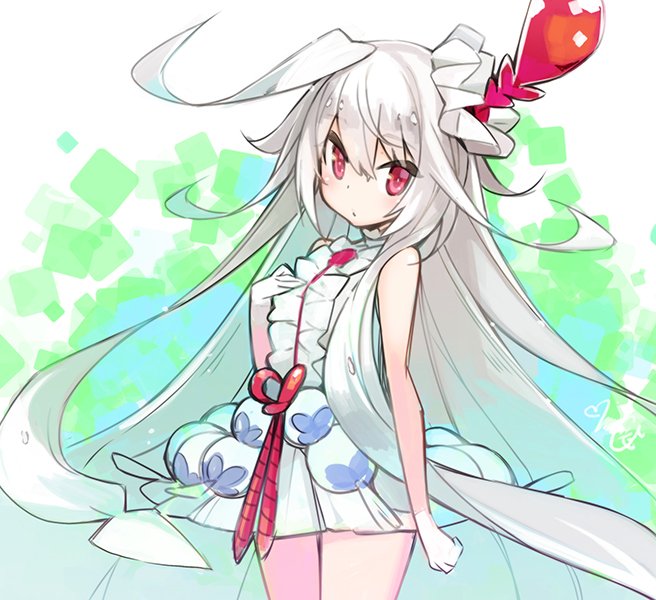 1girl blush choko_(last_period) dress long_hair looking_at_viewer minoa_(lastswallow) original red_eyes sleeveless sleeveless_dress solo white_hair