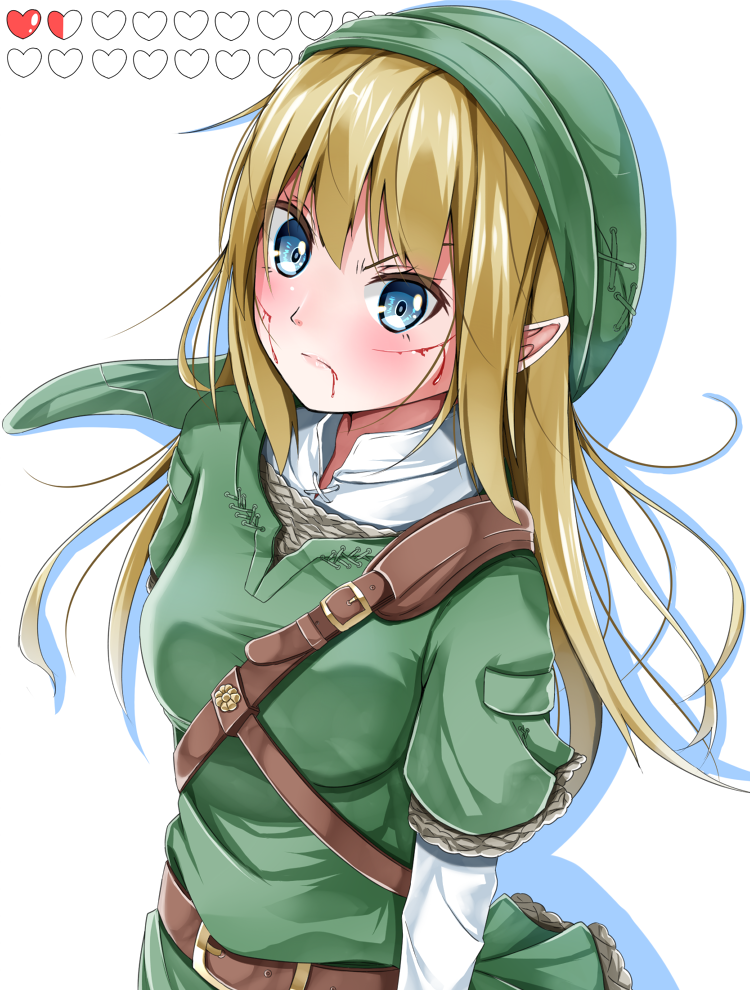 &gt;:( 1girl amagami_rukichi belt beltbra blonde_hair blood blood_from_mouth blood_on_face blue_eyes blush buckle closed_mouth eyelashes female genderswap genderswap_(mtf) green_hat hat health_bar injury layered_sleeves link long_hair long_sleeves looking_at_viewer pointy_ears serious shirt short_sleeves shoulder_belt simple_background solo the_legend_of_zelda tunic upper_body white_background white_shirt