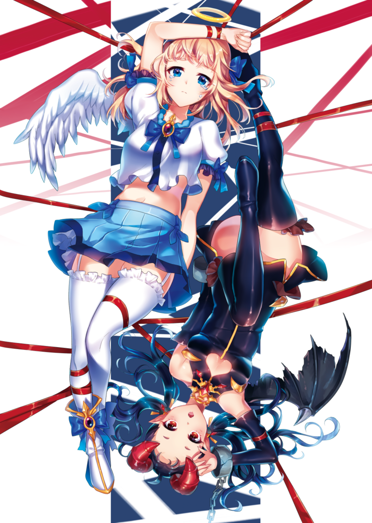 2girls :o ahoge angel_wings arm_at_side arm_up bangs bare_shoulders black_boots black_dress black_wings blonde_hair blue_bow blue_eyes blue_ribbon blue_skirt boots bow breasts brooch chain cleavage_cutout clenched_hand crack crop_top crying crying_with_eyes_open cuffs demon_girl demon_wings detached_sleeves dress fang feathers frilled_legwear frilled_sleeves frills full_body gem hair_bow halo heart_cutout jewelry long_hair looking_at_viewer microdress midriff miniskirt multiple_girls navel original pleated_skirt pointy_ears puffy_short_sleeves puffy_sleeves red_eyes red_ribbon restrained ribbon see-through shackles shirt short_sleeves single_wing skirt sleeveless sleeveless_dress songmil stomach tears thigh-highs thigh_boots thigh_strap twintails upskirt white_background white_boots white_legwear white_shirt white_wings wings wrist_ribbon