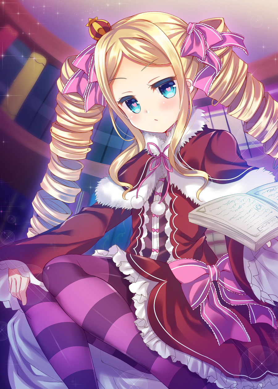 1girl :/ beatrice_(re:zero) blush book bookshelf bow capelet closed_mouth colored_eyelashes colored_stripes crown dress drill_hair expressionless eyelashes frilled_dress frills fur_trim glint hair_bow heart heart-shaped_pupils highres holding holding_book horizontal-striped_legwear long_hair long_sleeves looking_at_viewer mini_crown open_book pantyhose pink_bow pink_ribbon pom_pom_(clothes) purple_legwear re:zero_kara_hajimeru_isekai_seikatsu red_dress ribbon sidelocks sleeves_past_wrists solo striped suzune_rena symbol-shaped_pupils twin_drills twintails very_long_hair