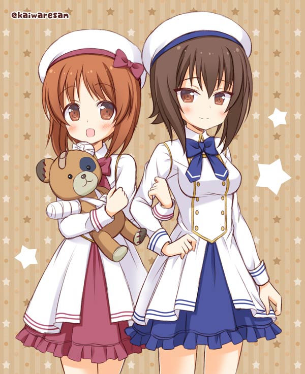 2girls arm_grab bandages bangs beret blush boko_(girls_und_panzer) bow brown_eyes brown_hair cast cowboy_shot dress girls_und_panzer hat holding kaiware-san looking_at_viewer multiple_girls nishizumi_maho nishizumi_miho open_mouth petticoat school_uniform short_hair siblings sisters smile standing star starry_background stuffed_animal stuffed_toy teddy_bear twitter_username white_dress younger