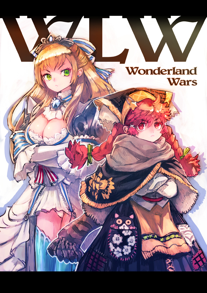 2girls :&lt; ahoge arm_garter armor bangs black_skirt blonde_hair blue_legwear bow boyaking braid breast_hold breasts brooch capelet cat_print cendrillion_(wonderland_wars) cleavage closed_mouth copyright_name cravat crossed_arms dress dress_shirt earrings eyebrows eyebrows_visible_through_hair frills fringe frown gem green_bow green_eyes hair_between_eyes hair_bow hair_ornament hair_ribbon hairclip half_updo headdress jewelry lace-trimmed_dress large_breasts letterboxed long_hair long_sleeves looking_at_viewer mikusa multiple_girls panties pantyshot pantyshot_(standing) plaid pocket red_eyes redhead ribbon ringed_eyes sash scarf shirt shoulder_armor simple_background skirt standing star_hair_ornament stitches striped striped_bow striped_ribbon thigh-highs tiara twin_braids underwear white_background white_dress white_panties white_shirt wide_sleeves wonderland_wars x_hair_ornament