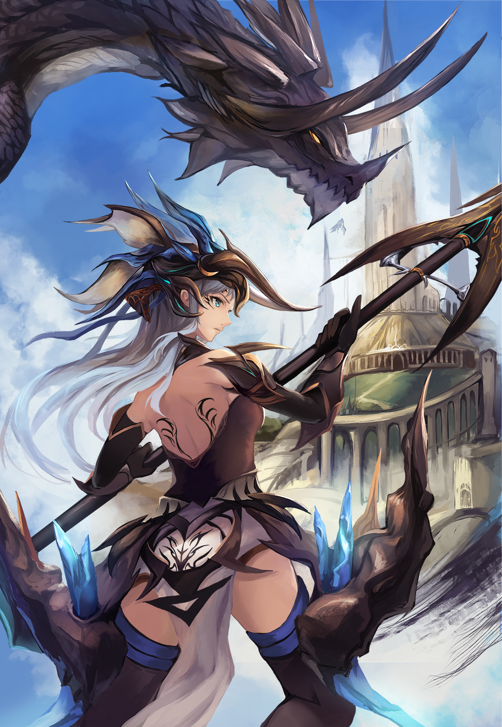 1girl armor armored_boots bare_shoulders blue_eyes blue_hair boots clouds collar dragon elbow_gloves eruthika gloves helmet highres horns parted_lips polearm profile shoulder_blades sky spear tower vambraces weapon yellow_eyes