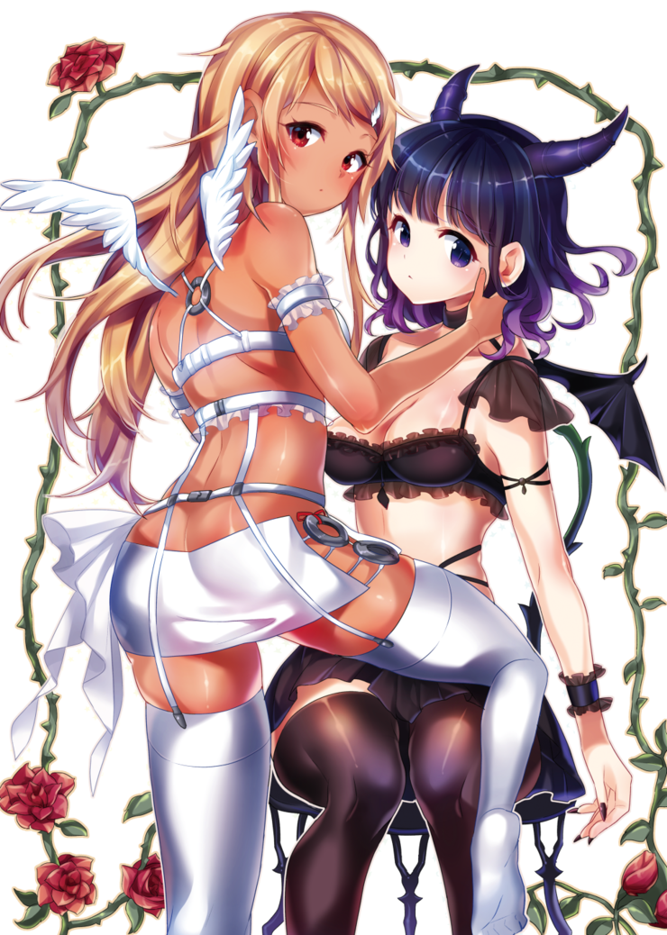2girls angel_and_devil angel_wings arm_at_side arm_garter arm_ribbon ass back bangs bare_shoulders black_bra black_hair black_legwear black_nails black_skirt black_wings blonde_hair border bra breasts bud chair choker cleavage dark_skin demon_girl demon_horns demon_wings eyebrows eyebrows_visible_through_hair eyelashes feathers fingernails flower frilled_bra frills garter_straps gradient_hair hand_on_another's_cheek hand_on_another's_face horns long_fingernails long_hair looking_at_viewer looking_back miniskirt multicolored_hair multiple_girls nail_polish no_shirt no_shoes o-ring_bottom o-ring_top original purple_hair red_eyes red_flower red_rose ribbon rose see-through sharp_fingernails shiny shiny_skin sitting sitting_on_chair skirt songmil standing standing_on_one_leg swept_bangs thigh-highs thorns underwear violet_eyes wavy_hair white_background white_bra white_legwear white_skirt white_wings winged_hair_ornament wings wrist_cuffs