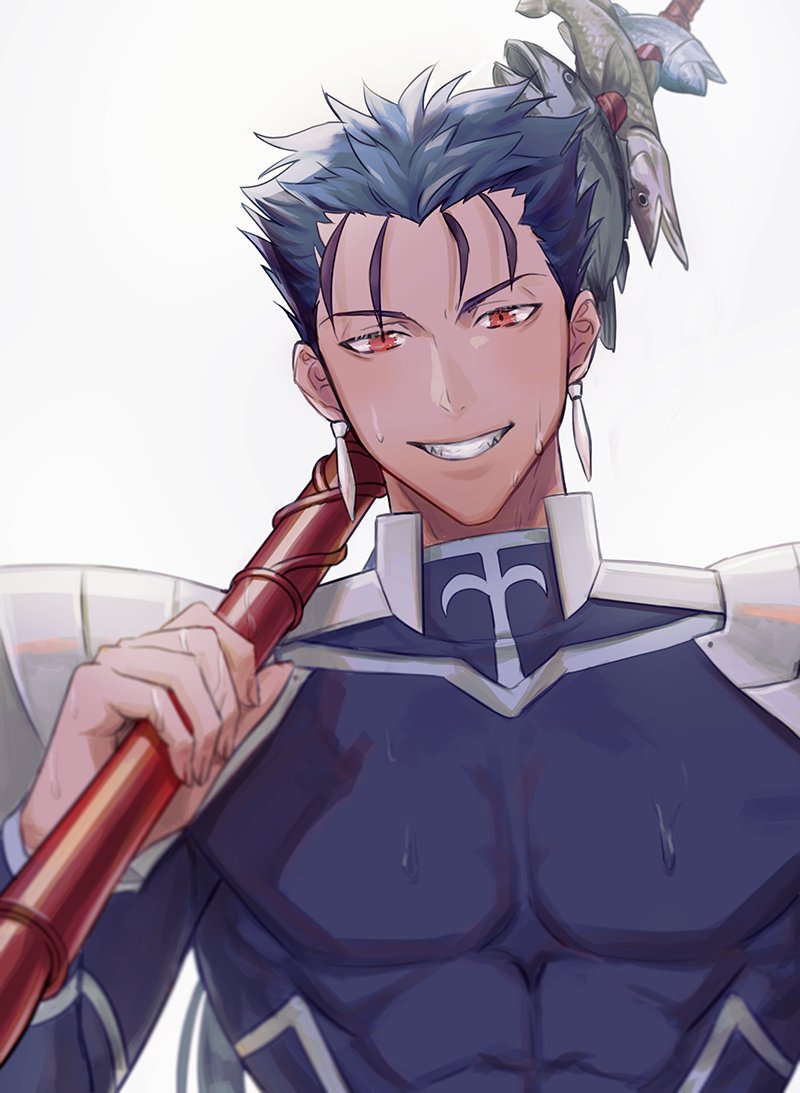 1boy abs armor blue_bodysuit blue_hair bodysuit booduli earrings fate/stay_night fate_(series) fish gae_bolg holding holding_lance holding_weapon impaled jewelry lance lancer long_sleeves looking_at_viewer polearm red_eyes simple_background smile spaulders sweat sweatdrop upper_body weapon