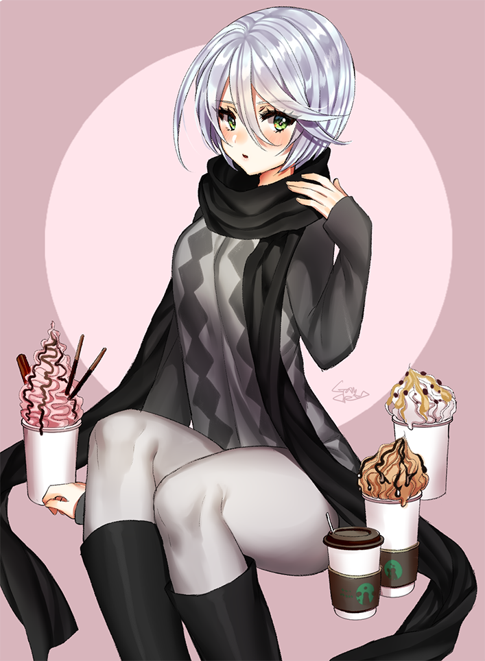 1girl :o argyle arm_at_side arm_support bangs black_boots black_scarf blush boots casual chocolate chocolate_ice_cream eyebrows eyebrows_visible_through_hair eyelashes food gabe_(seelunto) green_eyes hair_between_eyes ice_cream long_sleeves looking_at_viewer pantyhose paper_cup pink_background pocky pripara scarf shikyouin_hibiki short_hair signature silver_hair sitting solo strawberry_ice_cream sweater vanilla_ice_cream white_legwear