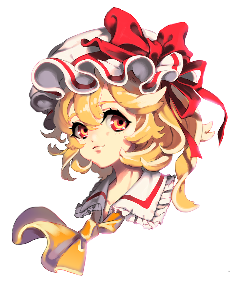 1girl ascot blonde_hair cheong_ha face flandre_scarlet hat mob_cap red_eyes side_ponytail solo touhou