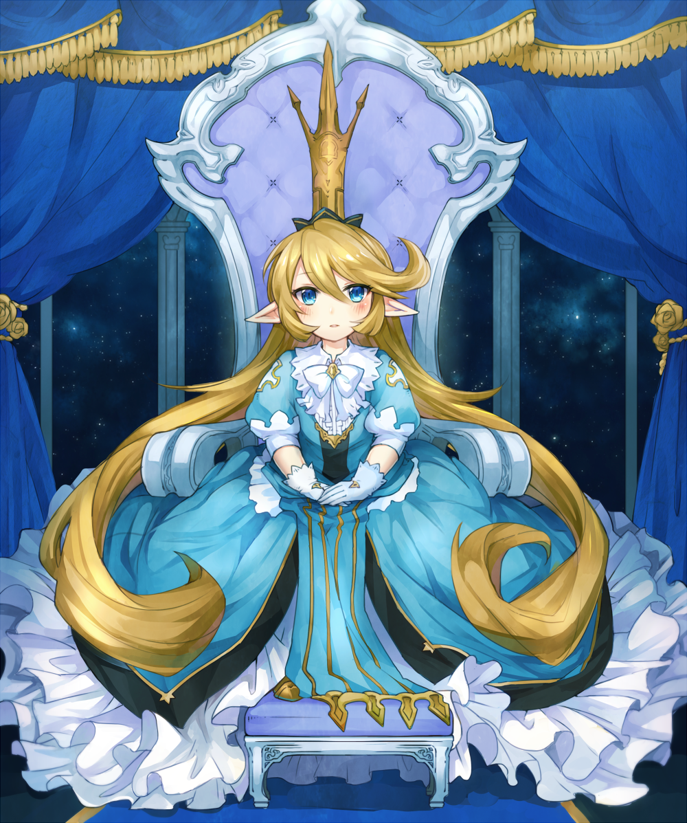 1girl blonde_hair blue_dress blue_eyes charlotta_(granblue_fantasy) column crown curtains dress full_body gloves granblue_fantasy hands_together konomoto_(knmtzzz) long_hair looking_at_viewer parted_lips pillar pointy_ears puffy_short_sleeves puffy_sleeves short_sleeves sitting sky solo star_(sky) starry_sky throne v_arms very_long_hair white_gloves