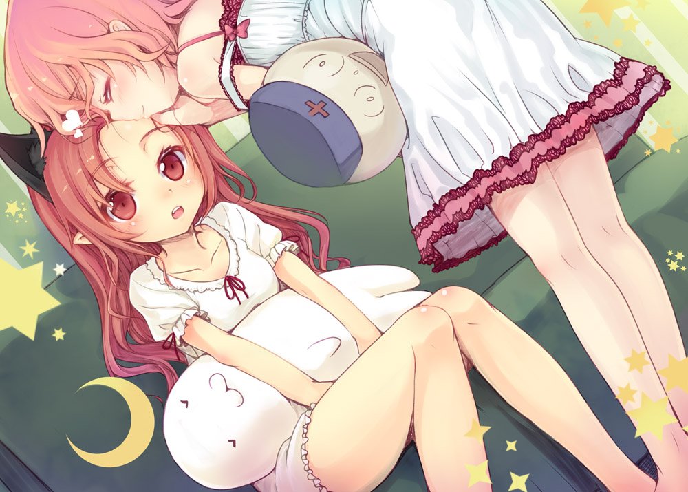2girls alternate_costume alternate_hairstyle animal_ears bent_over blush cat_ears closed_eyes crescent dutch_angle extra_ears forehead_kiss heart kaenbyou_rin kiss komeiji_satori long_hair looking_at_another looking_up minamura_haruki multiple_girls nightgown off_shoulder open_mouth pink_hair pointy_ears profile puffy_sleeves red_eyes redhead short_hair short_sleeves sitting sleeveless smile stuffed_toy touhou yagokoro