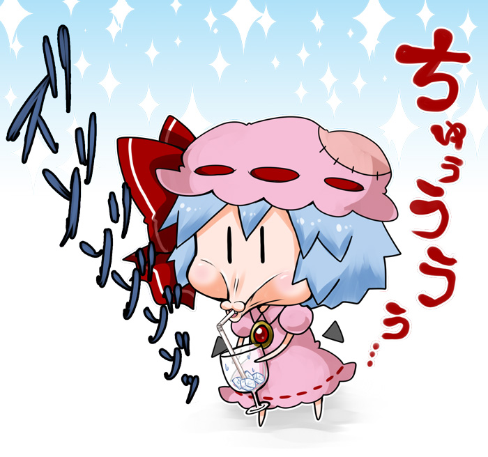 1girl bat_wings blue_hair bow brooch chibi commentary_request detached_wings hat hat_bow jewelry kiss_day mob_cap noai_nioshi patch puffy_short_sleeves puffy_sleeves red_bow remilia_scarlet short_hair short_sleeves solo sparkle straw touhou wings |_|