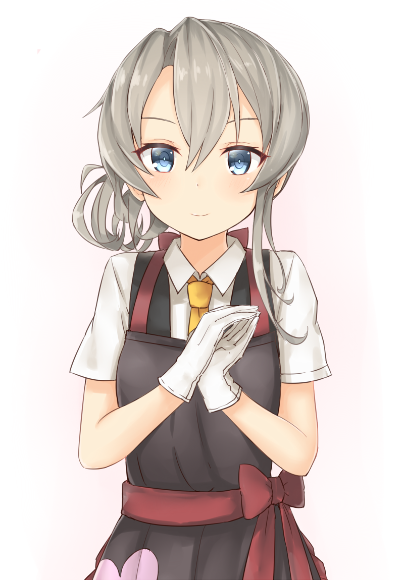 1girl apron asymmetrical_hair azuhira bangs blouse collared_shirt flipped_hair gloves hands_together kantai_collection light_smile necktie nowaki_(kantai_collection) pleated_skirt school_uniform shirt silver_hair simple_background skirt smile solo swept_bangs upper_body vest white_background