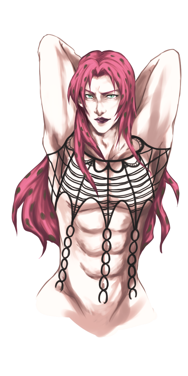 1boy abs arm_up black_lipstick collarbone diavolo fishnets groin highres jojo_no_kimyou_na_bouken lipstick long_hair m@_(ma_6) makeup male_focus pink_hair solo