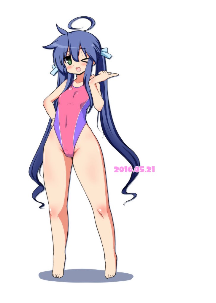 &gt;_o 1girl 2016 :d ahoge alternate_hairstyle blue_hair blush competition_swimsuit covered_navel dated green_eyes hair_ribbon hand_on_hip izumi_konata long_hair lucky_star mizushima_(p201112) one-piece_swimsuit one_eye_closed open_mouth ribbon simple_background smile solo standing swimsuit twintails very_long_hair white_background