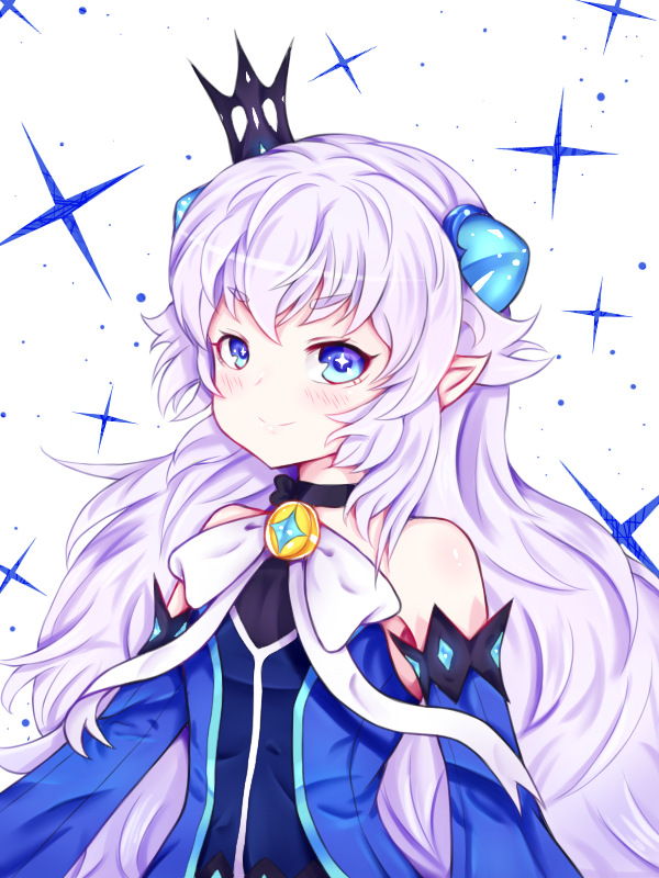 1girl blackwatchar blue_eyes bow brooch cowboy_shot crown demon_power_(elsword) detached_sleeves elsword jewelry long_hair looking_at_viewer luciela_r._sourcream mini_crown smile solo white_background white_bow white_hair