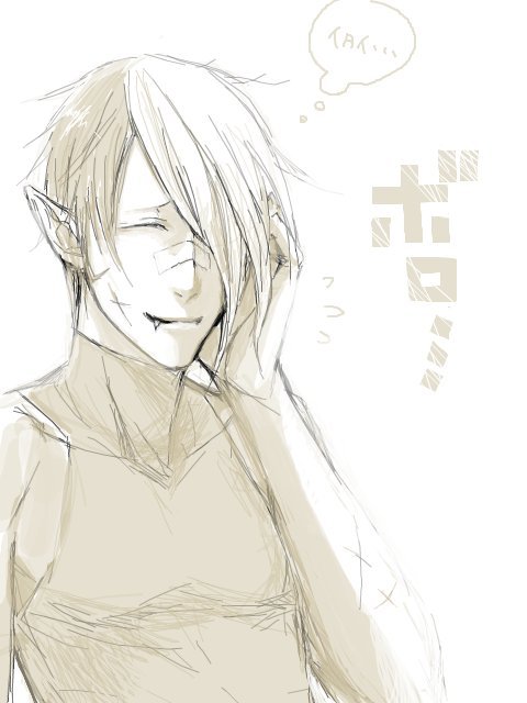 1boy arystar_krory bandage closed_eyes collarbone d.gray-man fang flying_sweatdrops hair_over_one_eye lowres monochrome pointy_ears rough scar short_hair sideburns simple_background skin_tight sleeveless_shirt smile solo thought_bubble translation_request two-tone_hair white_background