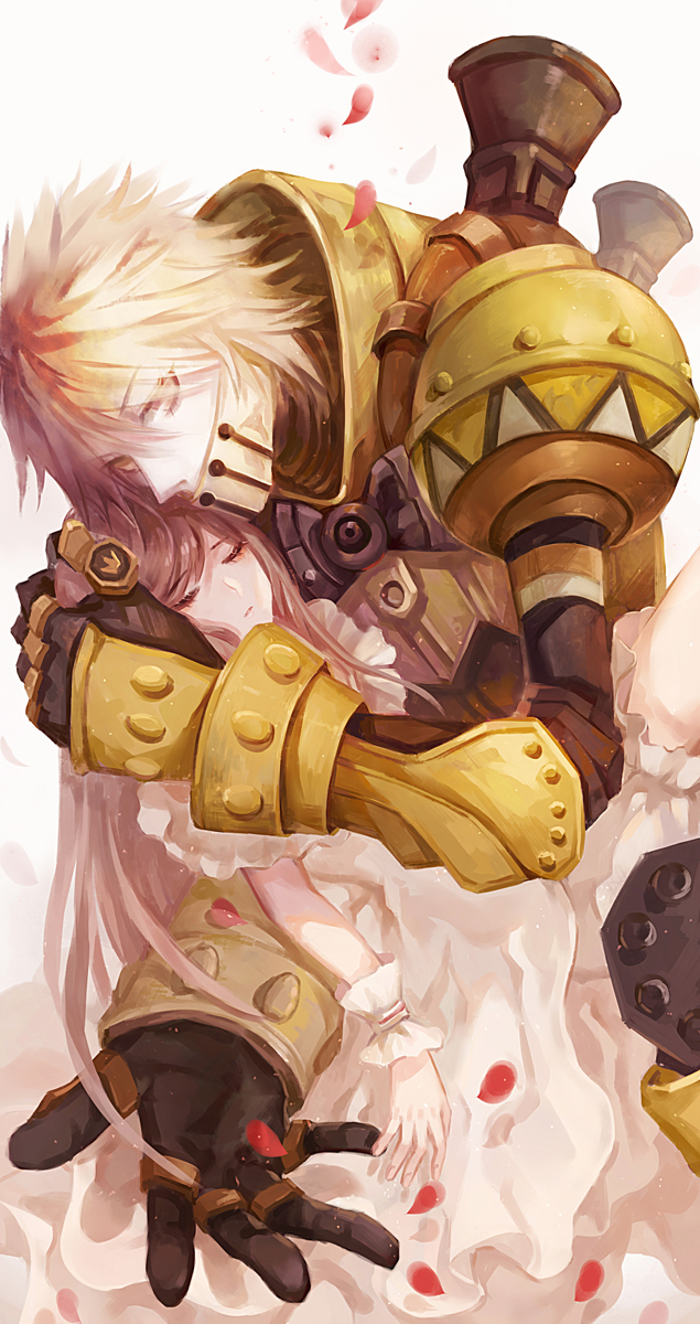 1boy 1girl black_hair blonde_hair character_request closed_eyes dragon_nest dress hand_on_another's_head highres petals satsuya tagme white_background white_dress wrist_cuffs yellow_eyes