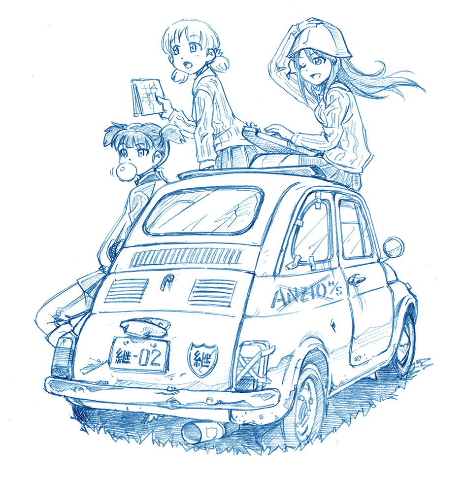 aki_(girls_und_panzer) bangs bbb_(friskuser) bubble_blowing bubblegum car commentary_request fiat_500 girls_und_panzer greyscale hand_on_headwear hands_in_pockets jacket kantele long_hair low_twintails map mika_(girls_und_panzer) mikko_(girls_und_panzer) monochrome motor_vehicle one_eye_closed open_mouth pants school_uniform sitting sitting_on_object track_jacket track_pants translation_request twintails vehicle wind wind_lift