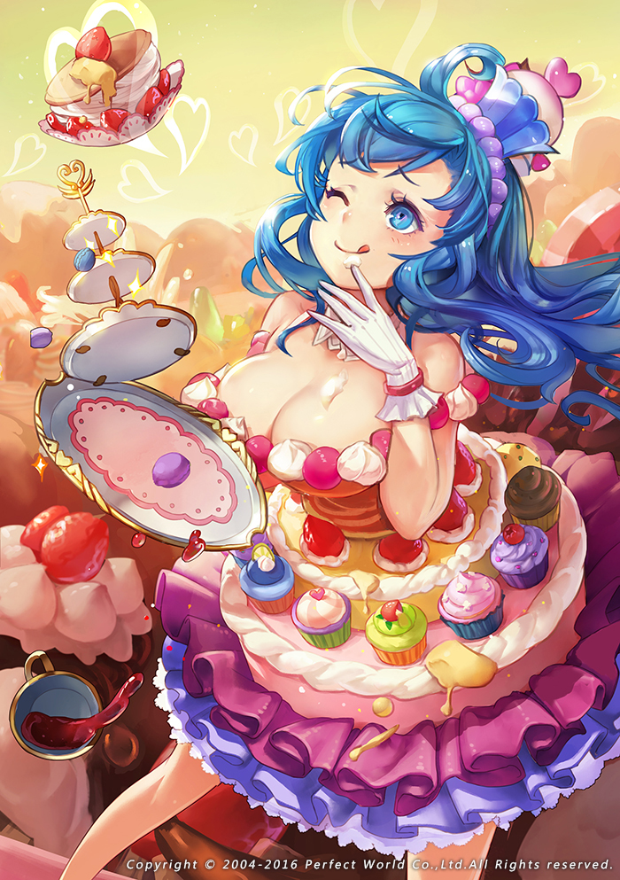 1girl 2004 2016 ;q bare_shoulders blue_hair blush breasts cleavage company_name copyright_request crown cup cupcake dress dutch_angle english fei_(idws321) food food_as_clothes food_themed_clothes fruit heart long_hair looking_up macaron number one_eye_closed solo spilling standing strawberry teacup tongue tongue_out tray watermark whipped_cream