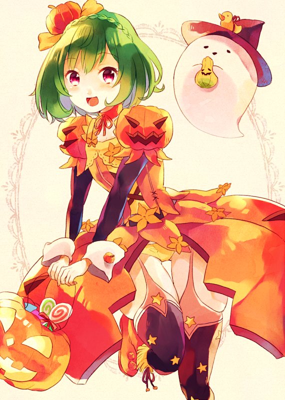 1girl boots braid cowboy_shot crown_braid flower_knight_girl food_themed_clothes food_themed_hair_ornament ghost green_hair hair_ornament hat houzuki_michiru jack-o'-lantern knee_boots looking_at_viewer orange_boots orange_skirt panties pepo_(flower_knight_girl) pumpkin_hair_ornament red_eyes short_hair skirt smile solo thigh-highs thigh_strap underwear witch_hat yellow_panties
