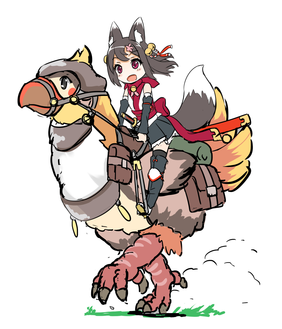 1girl animal_ears bag bare_shoulders bell bell_collar bird black_hair black_legwear chocobo collar detached_sleeves eyebrows eyebrows_visible_through_hair fatkewell flower fox_ears fox_tail hair_flower hair_ornament japanese_clothes jingle_bell knee_pads leg_warmers obi open_mouth original reins riding saddle sash sheath sheathed skirt solo sword tail thigh-highs violet_eyes weapon white_background