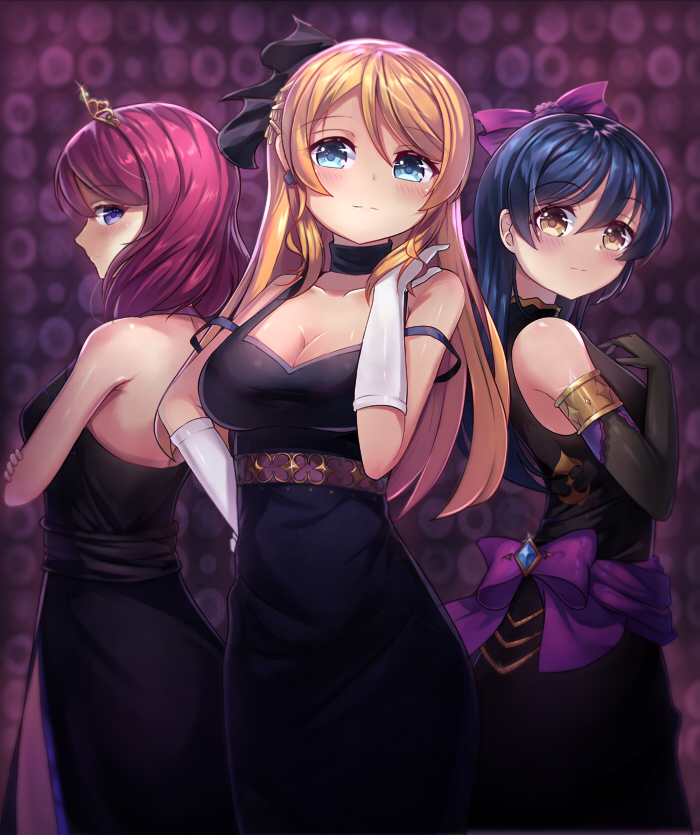 3girls ayase_eli back-to-back bangs bare_shoulders black_dress blonde_hair blue_hair blurry blush bow breasts cleavage closed_mouth collarbone crossed_arms depth_of_field dress earrings eyebrows eyebrows_visible_through_hair gem gloves hair_between_eyes hair_bow hair_tucking halterneck hand_on_hip jewelry long_hair looking_at_viewer love_live!_school_idol_project motokonut multiple_girls nishikino_maki purple_background purple_bow red_dress redhead sash shade side_slit sleeveless sleeveless_dress soldier_game sonoda_umi strap_slip swept_bangs tiara violet_eyes white_gloves