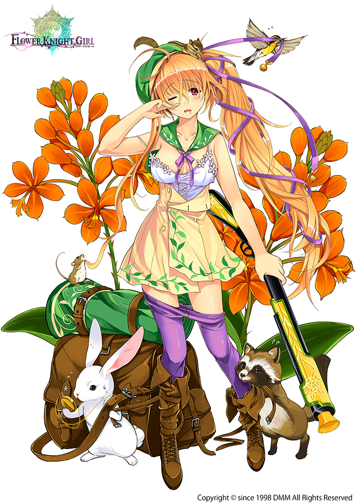 1girl ahoge bag beret bird blush boots bow brown_boots chipmunk city_forest_online epidendrum_(flower_knight_girl) flower flower_knight_girl full_body green_hat gun hair_ribbon hat knee_boots long_hair looking_at_viewer mouse official_art one_eye_closed orange_hair pantyhose pantyhose_pull purple_bow purple_legwear purple_ribbon rabbit raccoon red_eyes ribbon sailor_collar side_ponytail skirt solo squirrel standing tress_ribbon weapon yellow_skirt