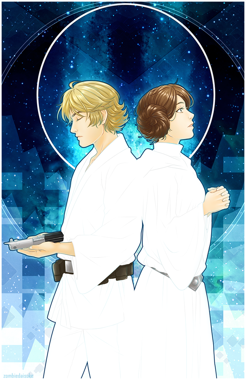 1boy 1girl back-to-back blonde_hair blue_background brother_and_sister brown_hair closed_eyes double_bun gun hands_clasped highres holding holding_weapon looking_up luke_skywalker parted_lips princess_leia_organa_solo siblings star_wars weapon zombiedaisuke
