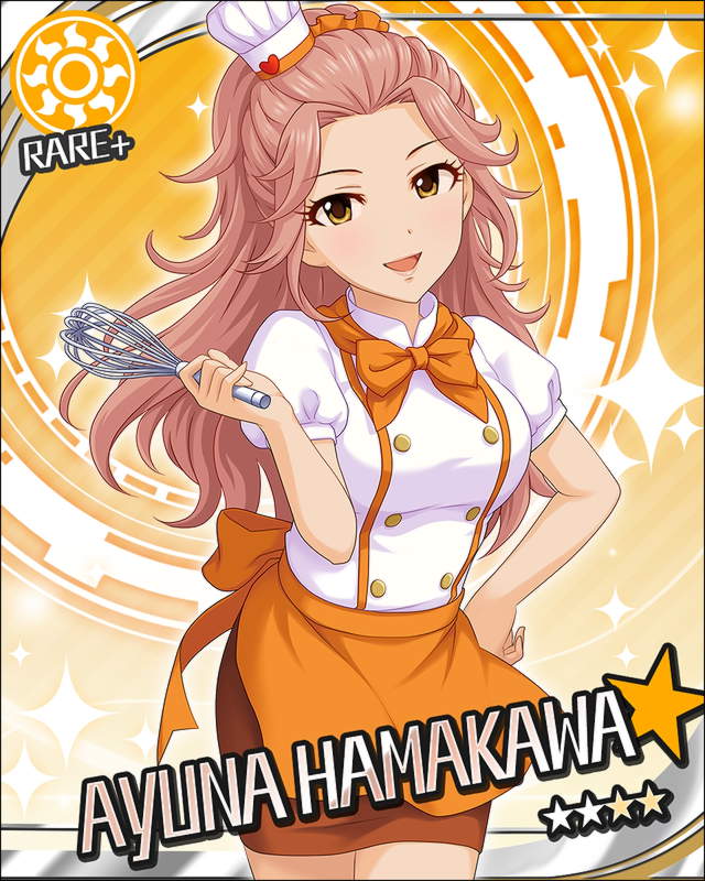 1girl alternate_costume apron artist_request brown_eyes card_(medium) character_name chef_hat hamakawa_ayuna hat idolmaster idolmaster_cinderella_girls long_hair official_art orange_background pink_hair solo sparkle sun_(symbol)