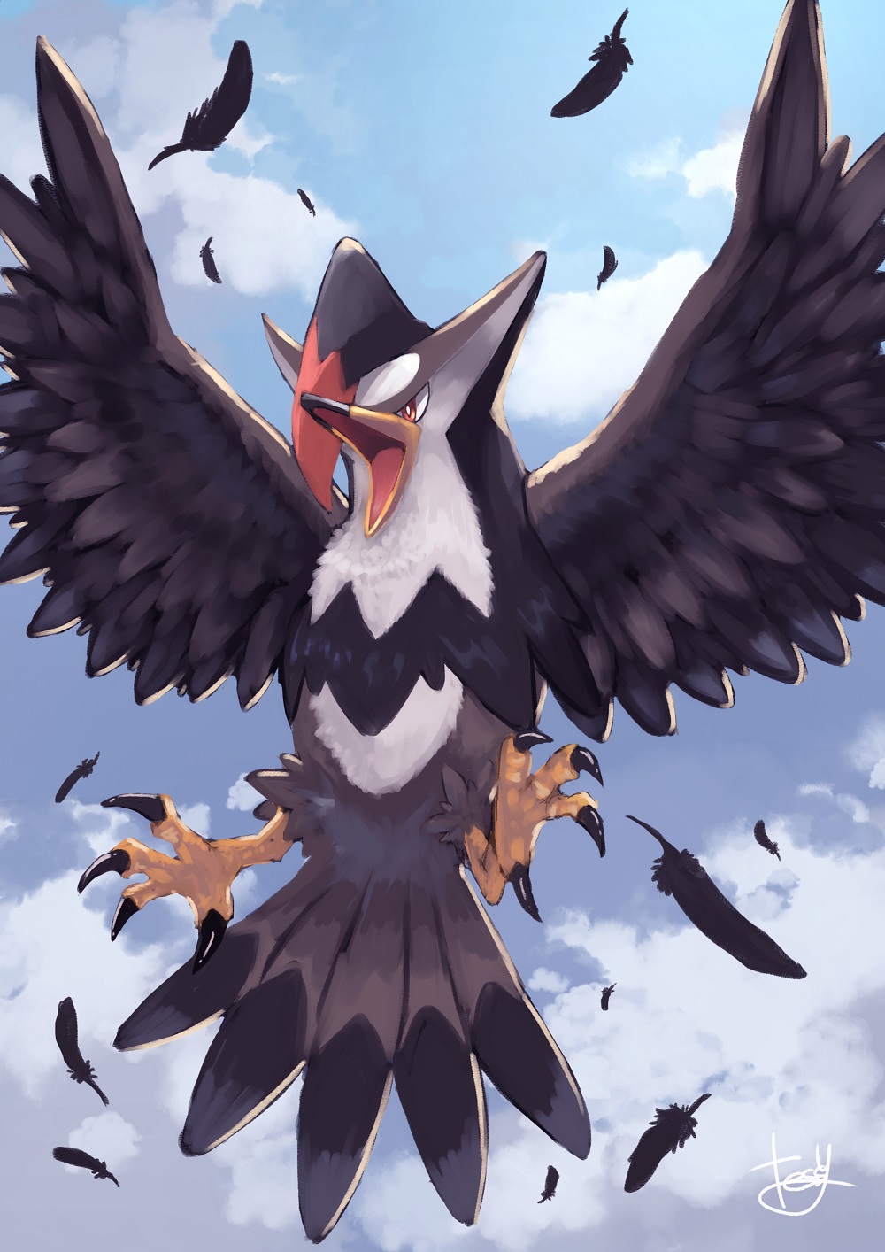 beak blue_sky claws clouds feathers highres no_humans open_mouth pokemon pokemon_(creature) red_eyes signature sky solo spread_wings staraptor tesshii_(riza4828)