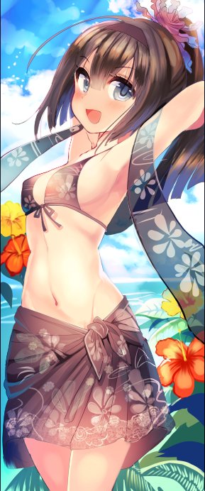 1girl ahoge akizuki_(kantai_collection) alternate_costume armpits arms_up blue_eyes breasts brown_bikini brown_hair brown_swimsuit cis_(carcharias) clouds cloudy_sky floral_print flower from_side hachimaki hair_between_eyes hair_flower hair_ornament hairband headband kantai_collection long_hair looking_at_viewer medium_breasts outdoors ponytail sarong sky swimsuit