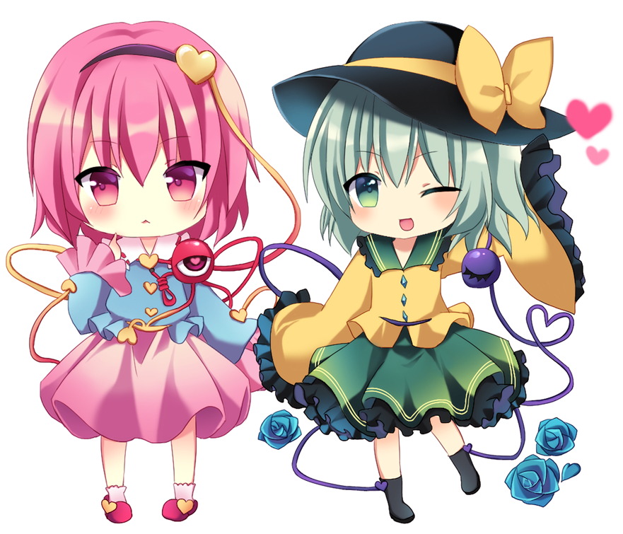 2girls chibi eyeball green_eyes green_hair hairband hat hat_ribbon heart heart_of_string komeiji_koishi komeiji_satori mayo_(miyusa) multiple_girls one_eye_closed pink_eyes pink_hair ribbon short_hair siblings sisters smile third_eye touhou wide_sleeves