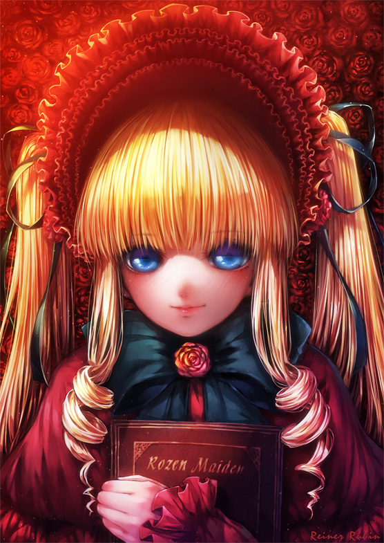 1girl bangs black_ribbon blonde_hair blue_eyes blunt_bangs blush bonnet book bow bowtie closed_mouth copyright_name dress drill_hair eyebrows eyebrows_visible_through_hair floral_background flower frilled_sleeves frills hair_ribbon holding holding_book light_particles long_hair misaki_(kyal_001) red_dress red_flower red_lips red_rose ribbon rose rozen_maiden shade shinku sidelocks smile solo twin_drills twintails upper_body