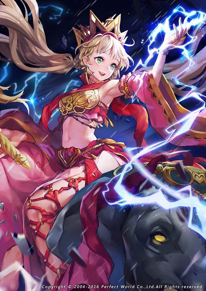 1girl 2004 2016 :d arm_up armpits blonde_hair breastplate company_name copyright_request crown detached_sleeves earrings elephant english fei_(idws321) green_eyes jewelry lightning navel number open_mouth ponytail sitting smile watermark wide_sleeves
