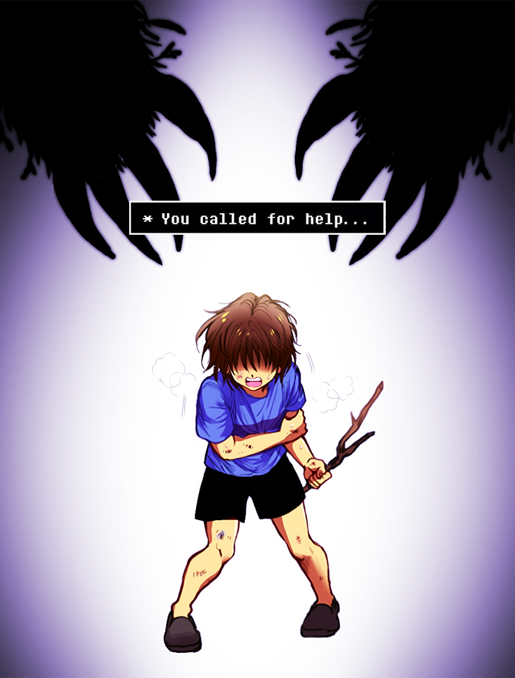 androgynous bent_over brown_hair claws english frisk_(undertale) hair_over_eyes injury jungyun99 shaded_face shirt shorts spoilers stick t-shirt undertale