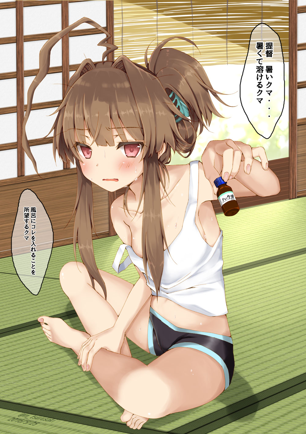 1girl ahoge alternate_hairstyle armpits blush brown_hair casual collarbone commentary_request dated eyebrows eyebrows_visible_through_hair folded_ponytail hair_ornament highres holding huge_ahoge indian_style indoors kantai_collection kuma_(kantai_collection) looking_at_viewer messy_hair midriff mitsuru_(habihapi) nail_polish open_mouth pink_eyes shorts sitting solo strap_slip sweat tank_top tatami translation_request tsurime twitter_username vial wavy_mouth
