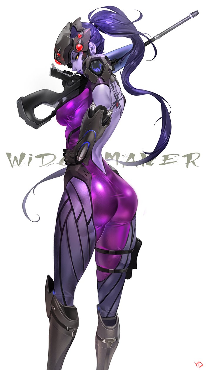 1girl ass bodysuit boots breasts elbow_gloves from_behind gloves gun hand_on_hip head_mounted_display highres knee_boots long_hair looking_back overwatch ponytail purple_skin rifle sniper_rifle solo thighs very_long_hair visor weapon widowmaker_(overwatch) yang-do yellow_eyes