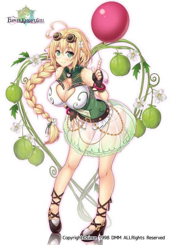 1girl ahoge balloon balloon_vine_(flower_knight_girl) black_shoes blonde_hair braid breasts bubble_skirt cleavage cleavage_cutout copyright_name flower flower_knight_girl full_body goggles goggles_on_head green_eyes green_panties green_skirt hair_flower hair_ornament large_breasts long_hair looking_at_viewer official_art panties see-through shirt shoes single_braid skirt sleeveless sleeveless_shirt smile solo standing underwear utsurogi_akira white_background