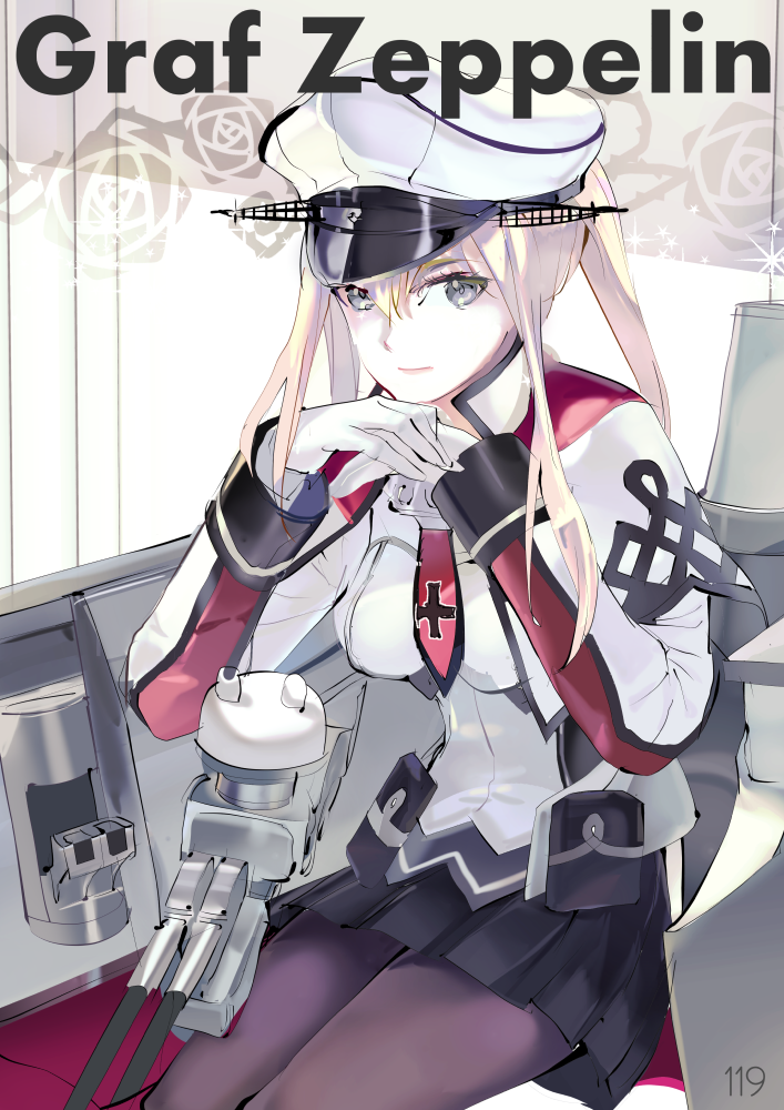 119 1girl artist_name black_skirt breasts cannon character_name closed_mouth floral_background gloves graf_zeppelin_(kantai_collection) hair_between_eyes hands_up hat iron_cross kantai_collection lips long_sleeves looking_at_viewer machinery own_hands_together pantyhose peaked_cap pink_lips pleated_skirt pocket purple_legwear sitting skirt smile solo turret white_gloves white_hat