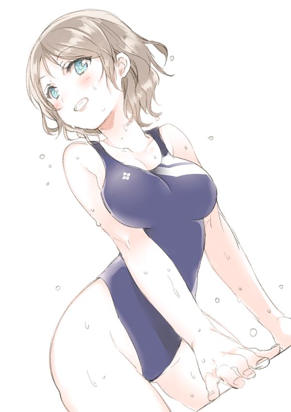 1girl aqua_eyes arm_support bent_over breasts brown_hair collarbone competition_swimsuit from_below grin looking_to_the_side love_live!_school_idol_project love_live!_sunshine!! nakayama_miyuki one-piece_swimsuit short_hair smile solo swimsuit watanabe_you wet